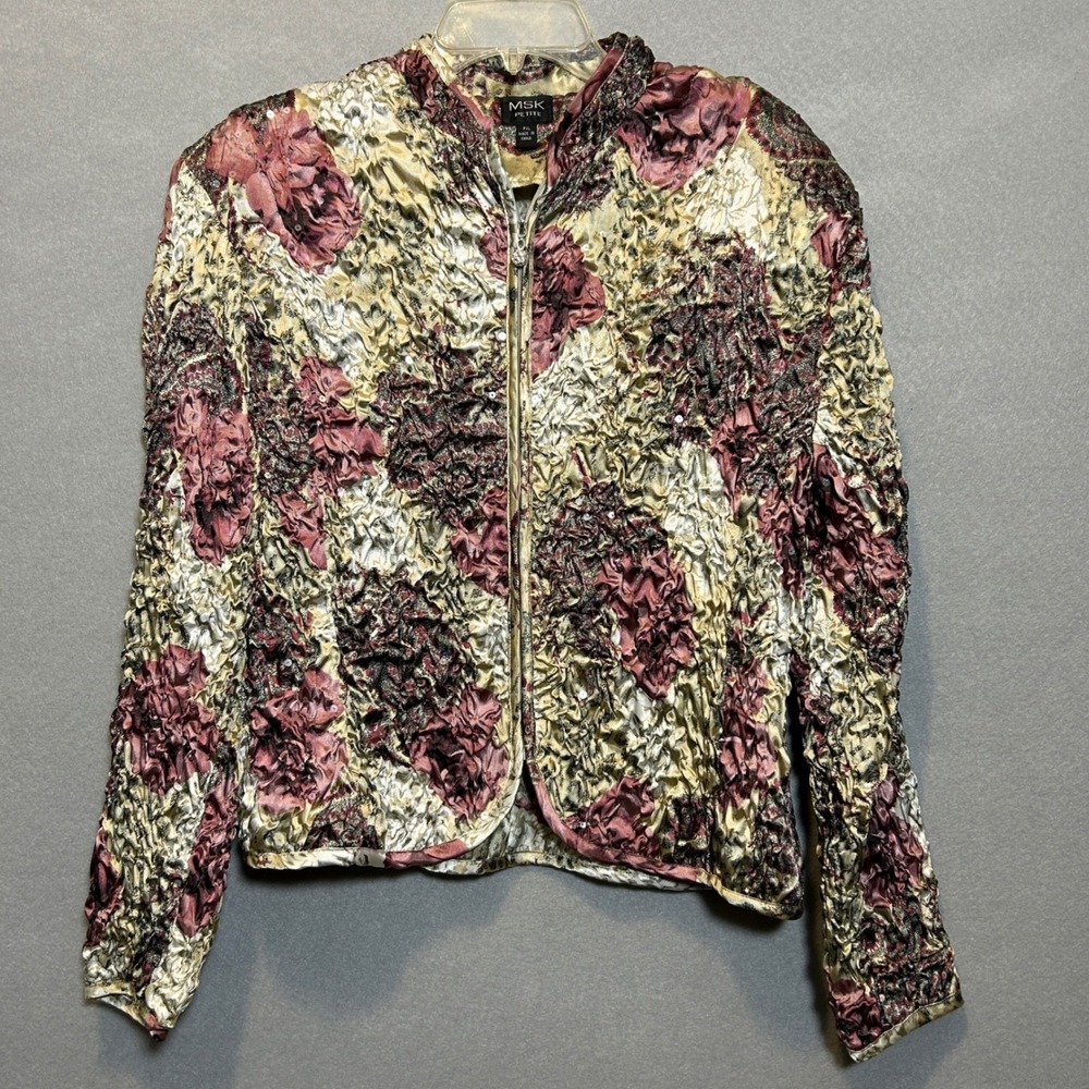 MSK Women PXL Jacket Floral Cottagecore Rave Granny Stretch Sequins Zip Front